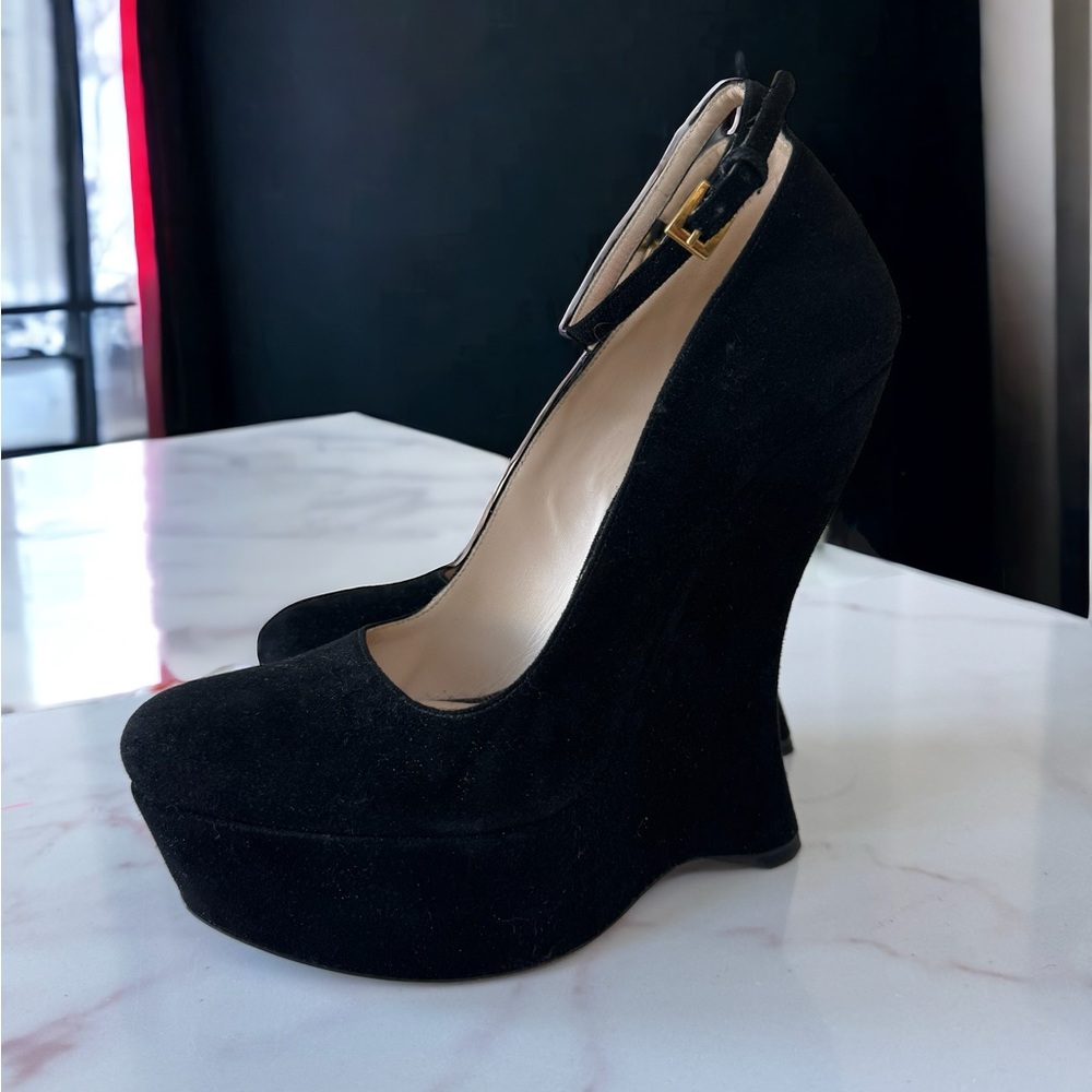 PRADA Women Black Pumps Suede Ankle Strap Wedge High Heels Shoes EU 38.5 Fashion